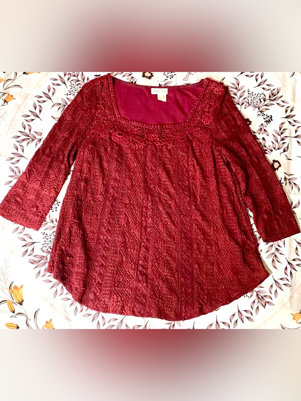 Meadow Rue by Anthropologie Vintage Burgundy Lace Crochet Peasant Blouse Sz. XS